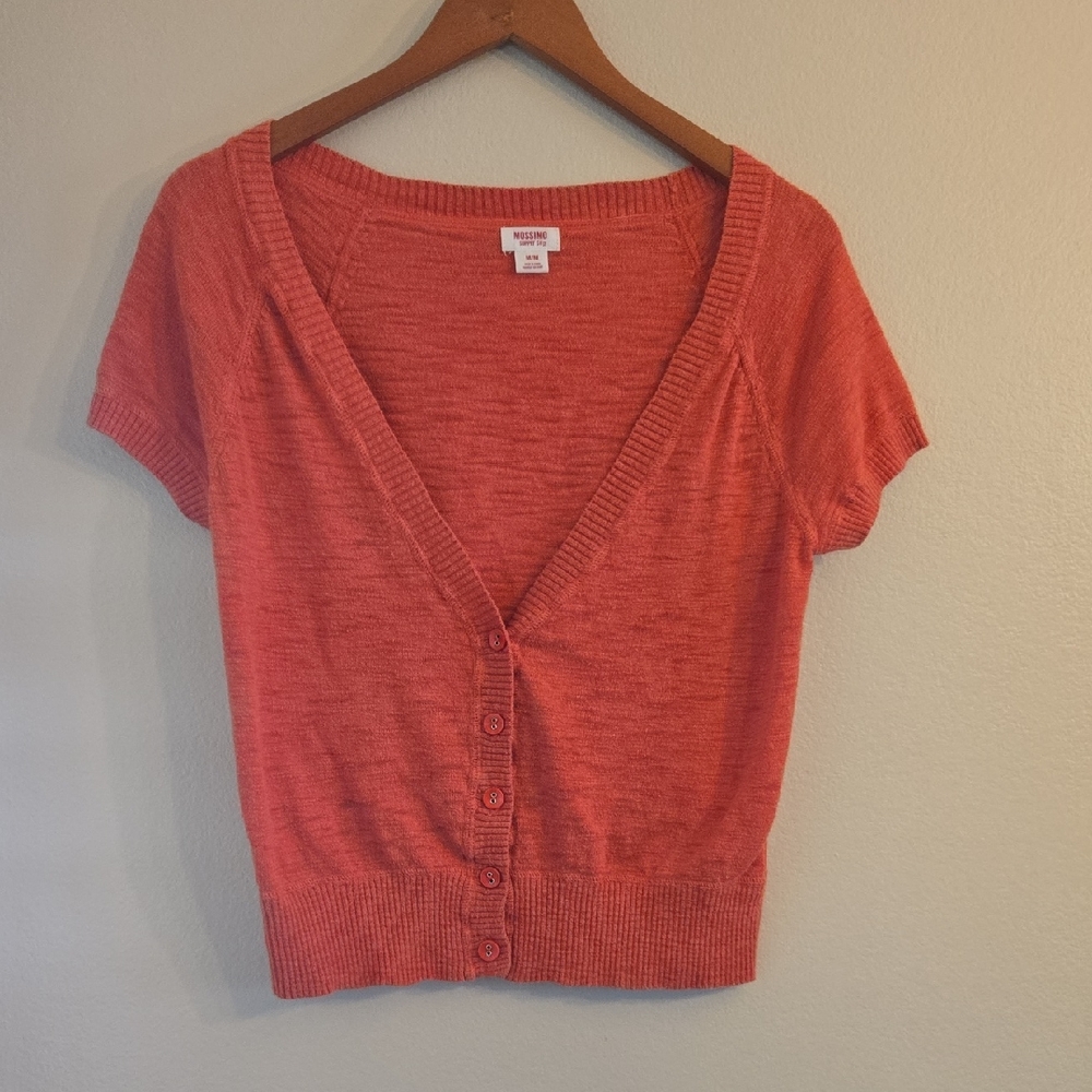 Women's Short Sleeve V-Neck Button Sweater, Coral